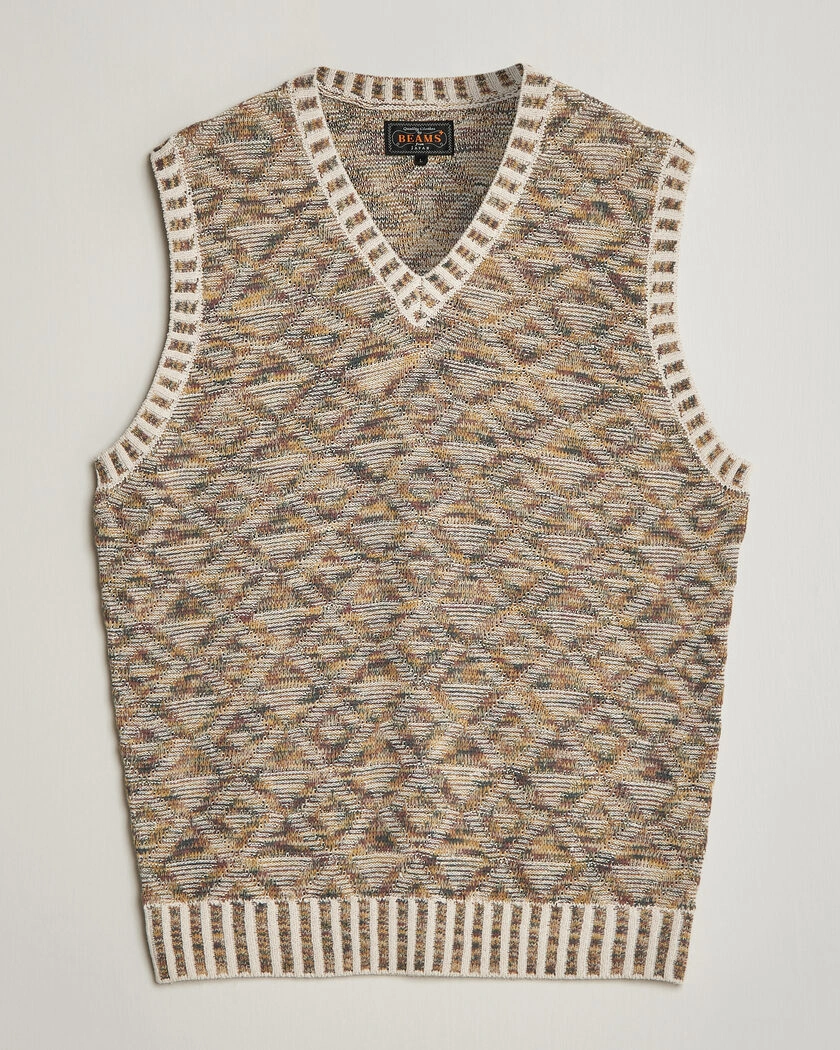 BEAMS PLUS Kasuri Jacquard Knit Vest Beige – Monivärinen