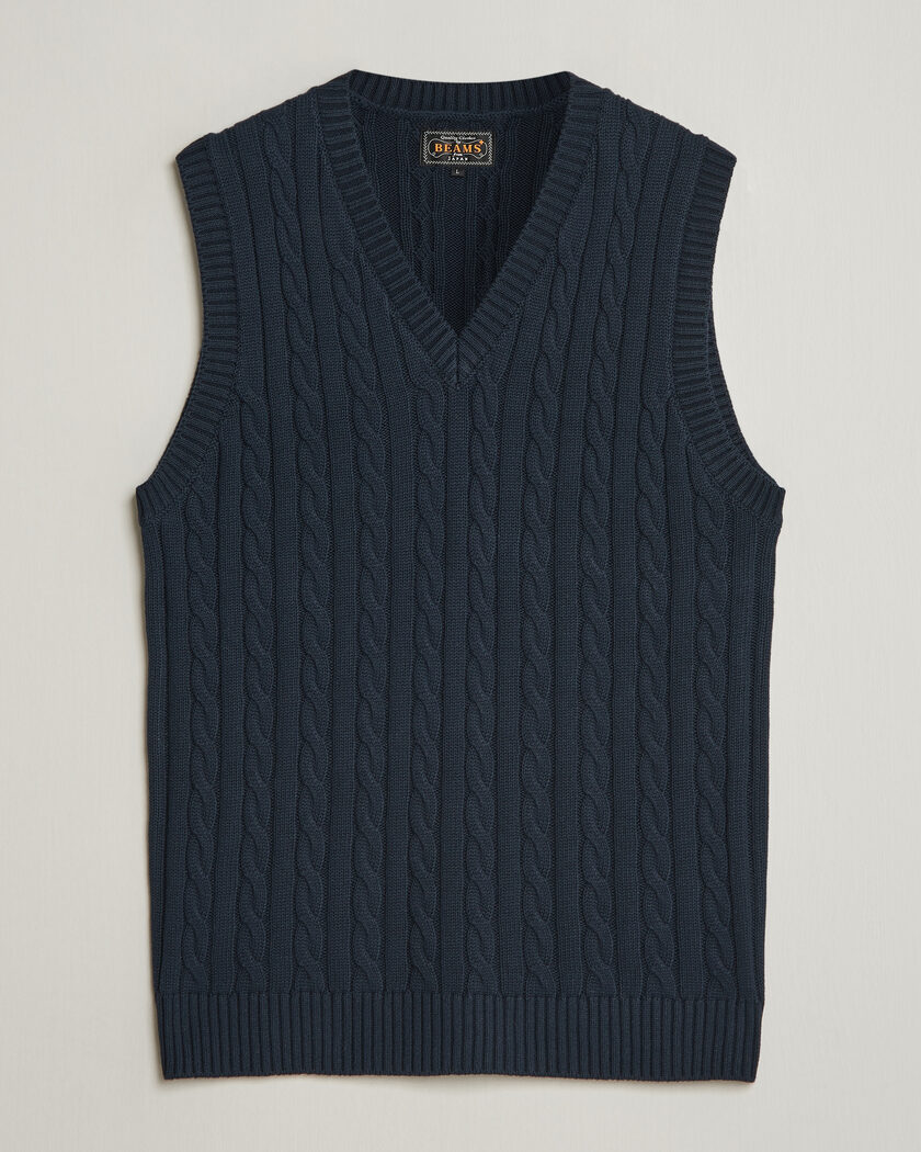 BEAMS PLUS Cable Knit Vest Navy – Sininen