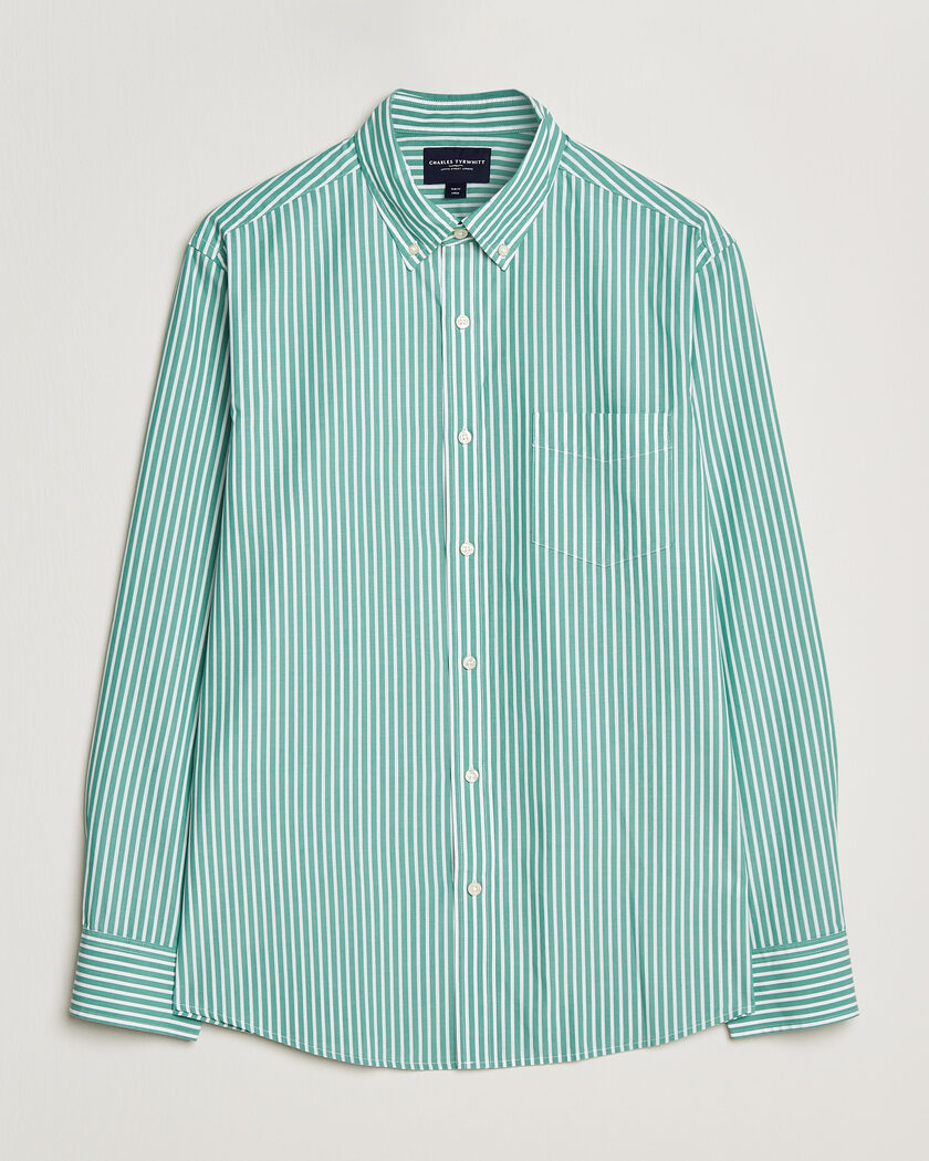 Charles Tyrwhitt Button Down Stretch Poplin Shirt Green Stripe – Vihreä