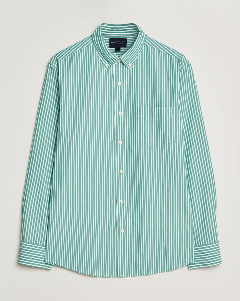 Charles Tyrwhitt Button Down Stretch Poplin Shirt Green Stripe – Vihreä