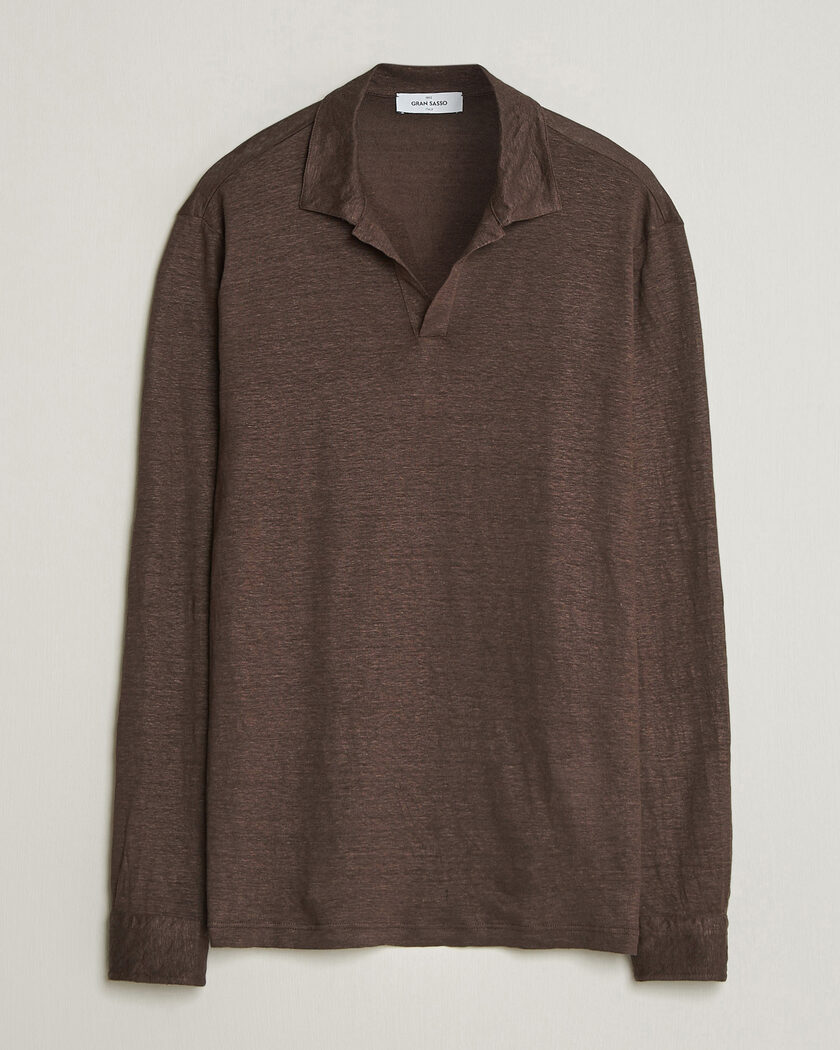 Gran Sasso Washed Linen Long Sleeve Polo Brown Melange – Ruskea