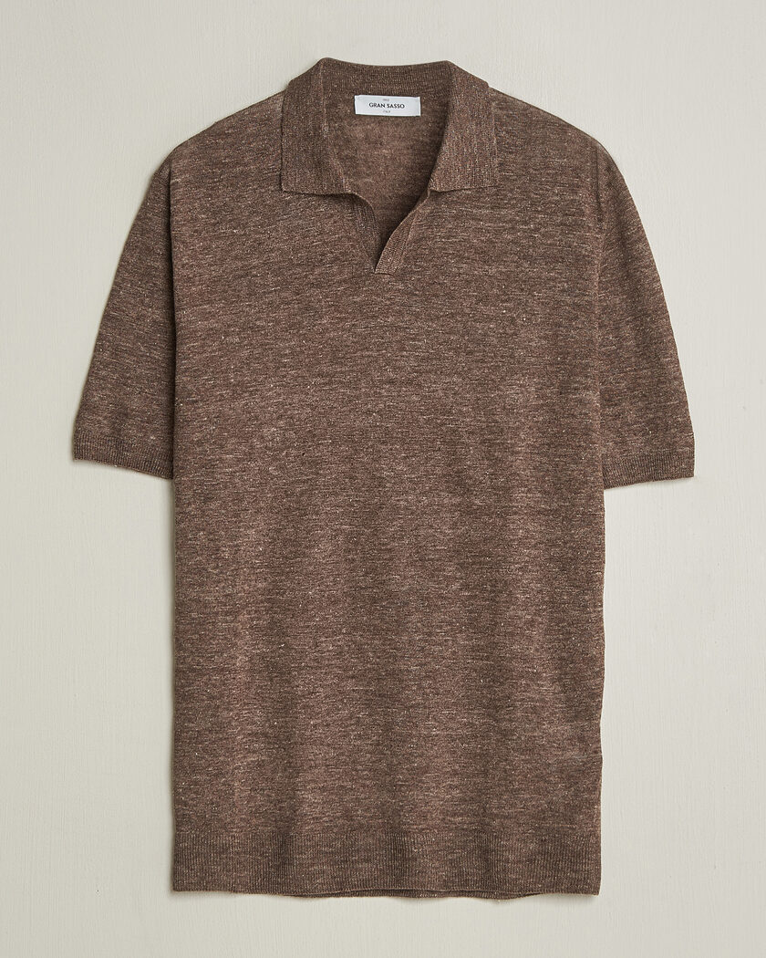 Gran Sasso Washed Knitted Linen Polo Brown Melange – Ruskea