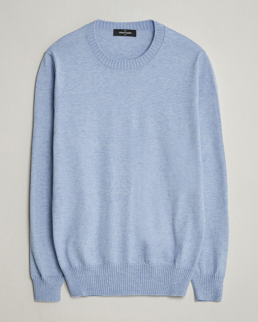 Gran Sasso Cotton/Cashmere Knitted Crew Neck Sweater Blue Melange – Sininen