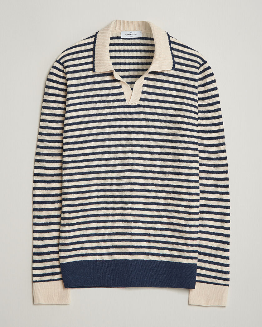 Gran Sasso Linen/Cotton Knitted Striped Polo Navy/White – Monivärinen