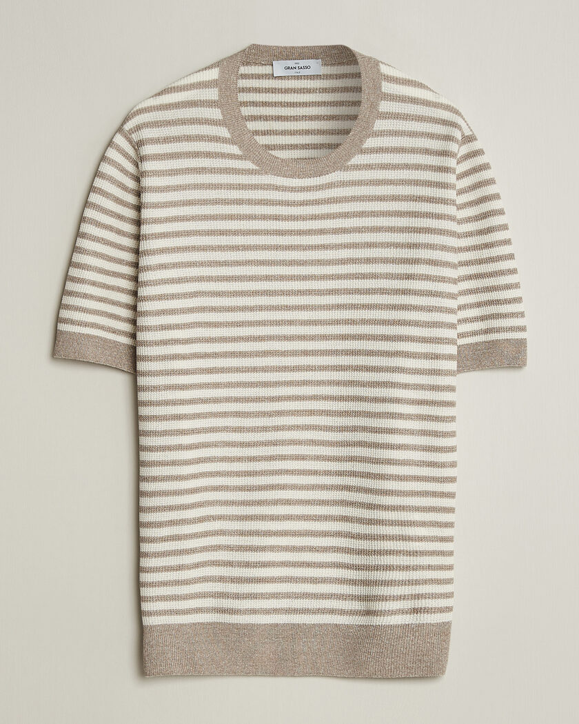 Gran Sasso Linen/Cotton Knitted Striped T-Shirt Beige/White – Monivärinen
