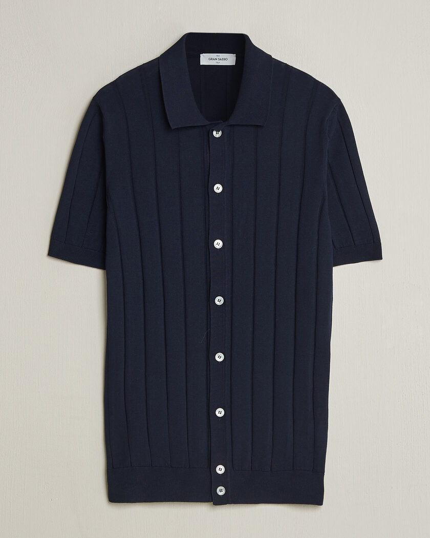  Gran Sasso Cotton Ribbed Knitted Resort Shirt Navy – Sininen