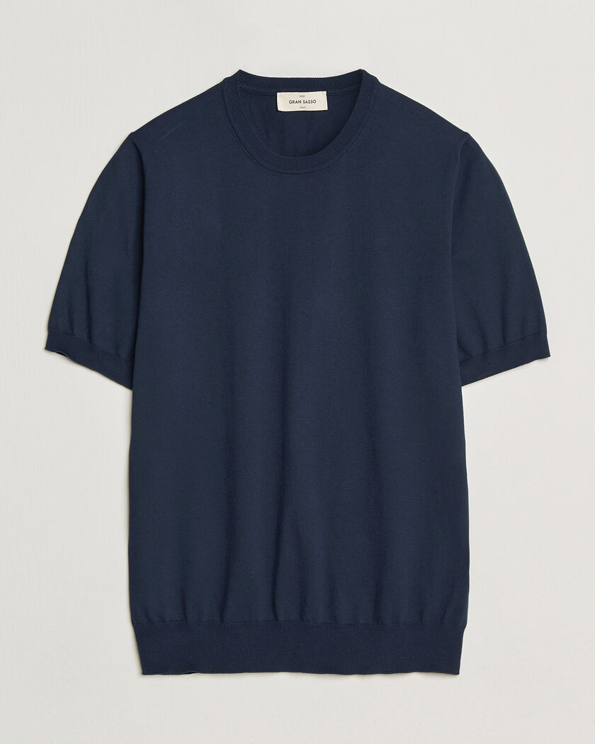 Gran Sasso Cotton Knitted Crew Neck T-Shirt Navy – Sininen