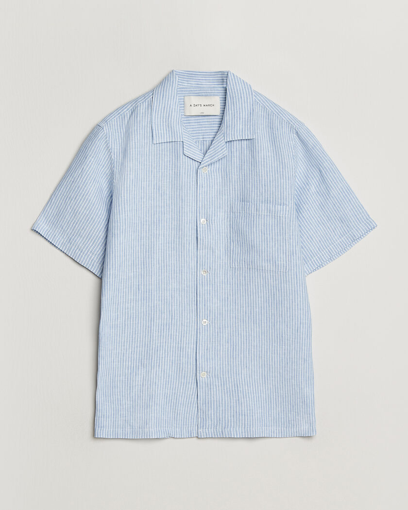 A Day's March Yamu Striped Linen Short Sleeve Shirt Light Blue – Sininen