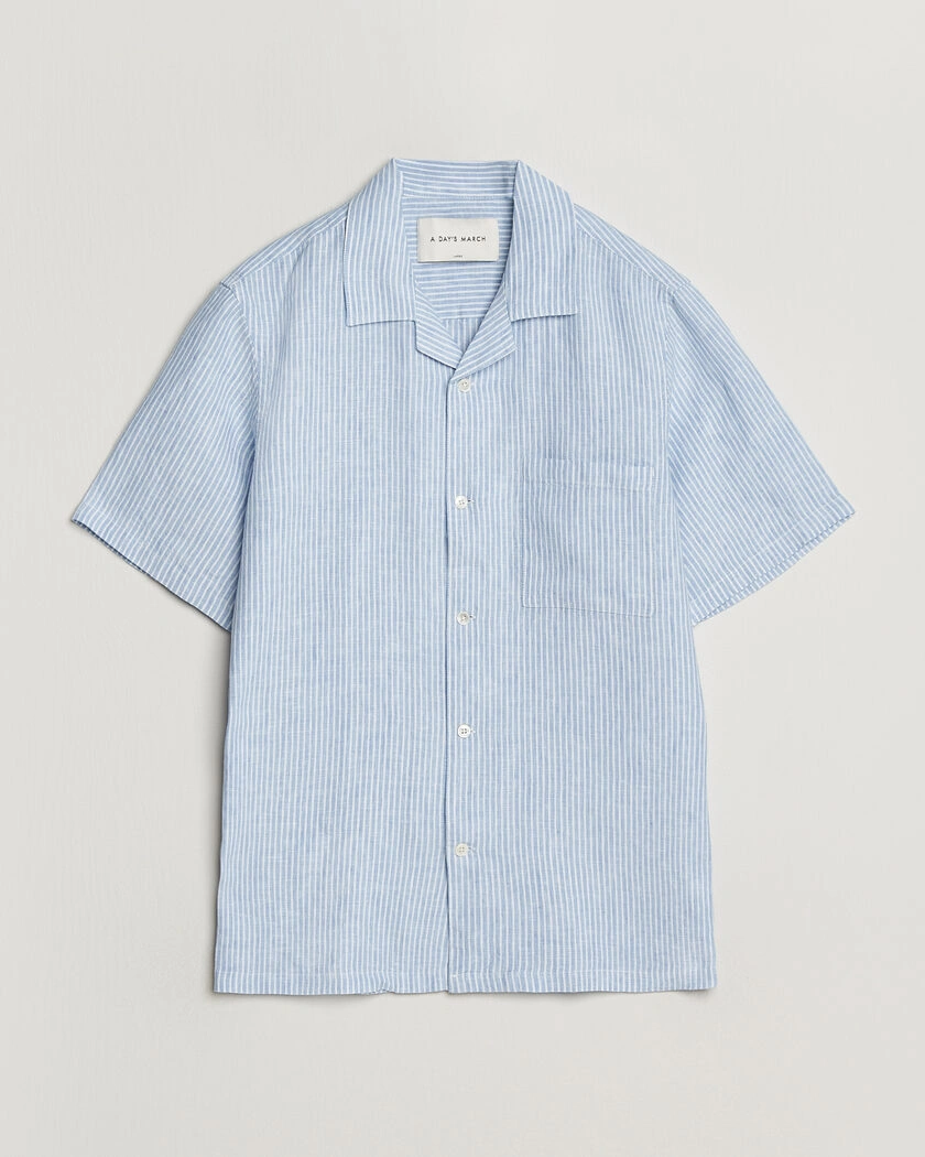 A Day's March Yamu Striped Linen Short Sleeve Shirt Light Blue – Sininen