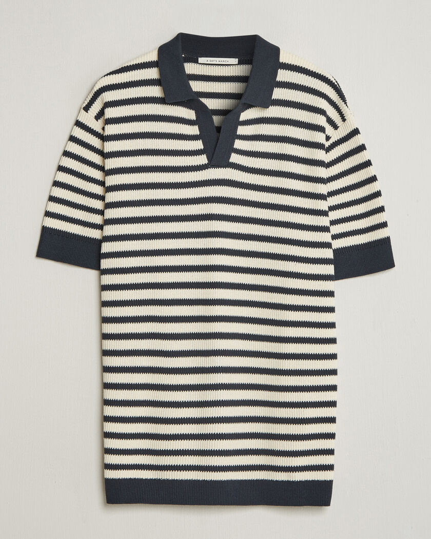 A Day's March Jeremy Striped Knitted Polo Off White/Navy – Sininen