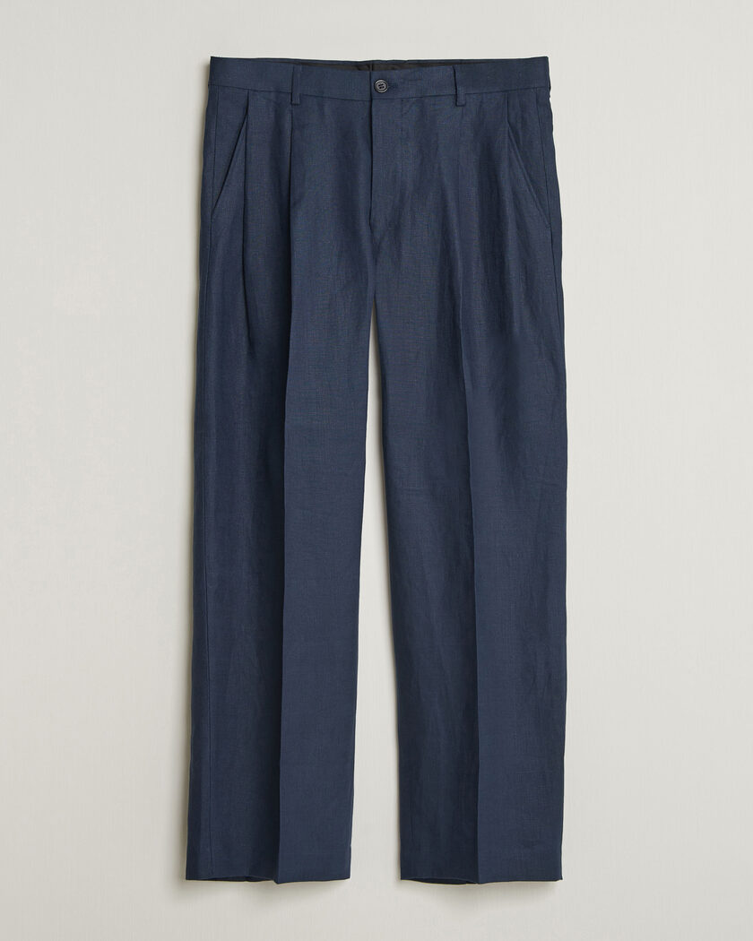 NN07 Justin Linen Double Pleated Trousers Navy Blue – Sininen