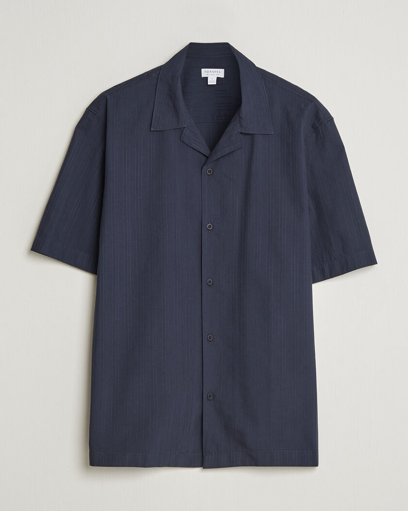Sunspel Short Sleeve Textured Stripe Shirt Navy – Sininen