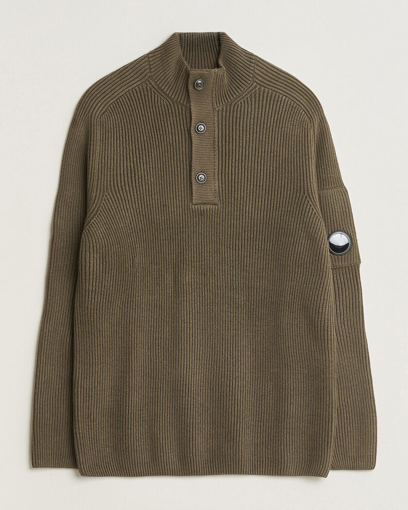 C.P. Company Full Rib Knitted Cotton Half Button Dark Green – Vihreä