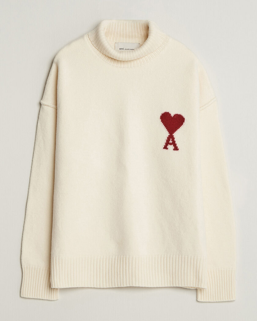 AMI Big Heart Logo Wool Knitted Polo Ecru – Valkoinen