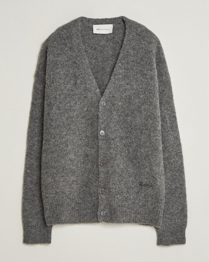 AMI Signature Logo Wool Knitted Cardigan Grey Melange – Harmaa