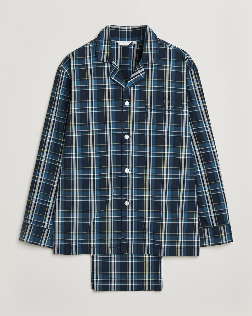 Derek Rose Piped Checked Cotton Pyjama Set Navy – Sininen