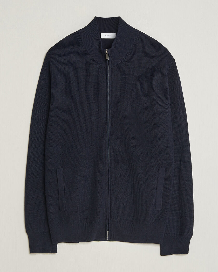 Eton Merino Wool Knitted Full Zip Navy Blue – Sininen