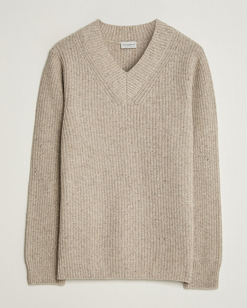 Morgano Fisherman Ribb Donegal Knitted V-Neck Beige – Beige