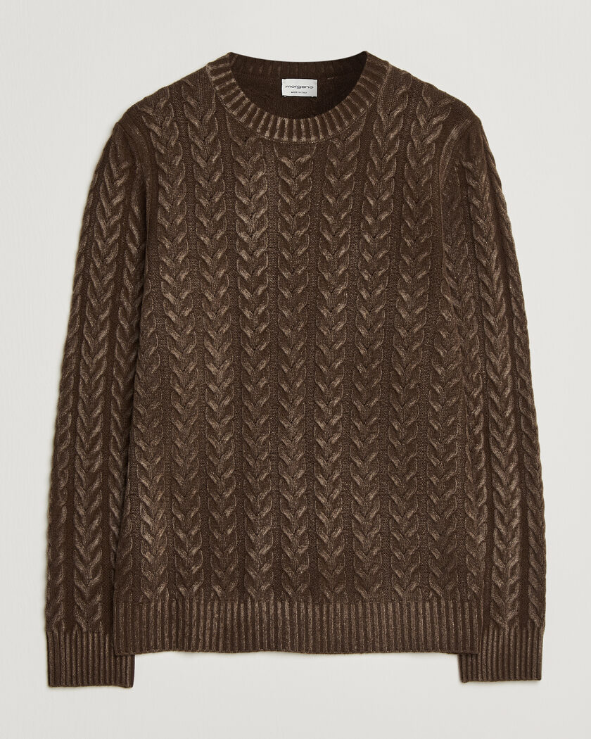 Morgano Cable Knitted Brushed Dyed Wool Crew Brown – Ruskea