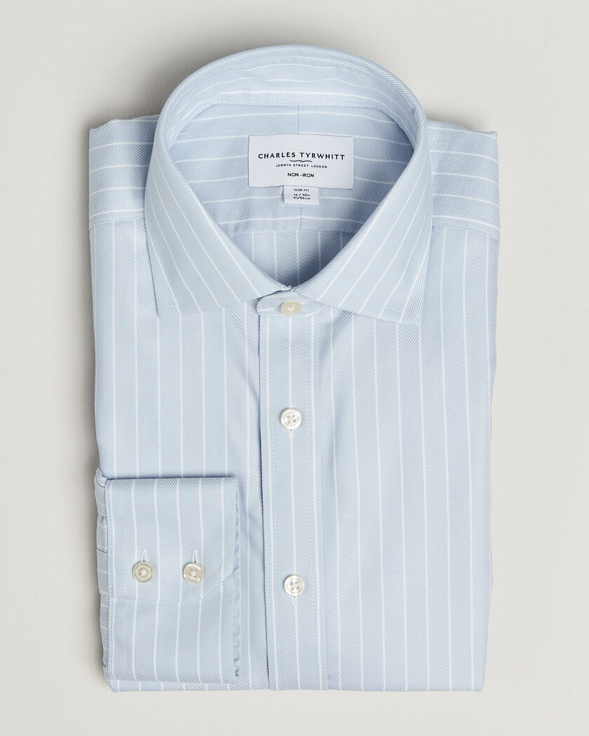 Charles Tyrwhitt Slim Fit Non Iron Herringbone Stripe Shirt Light Blue – Sininen