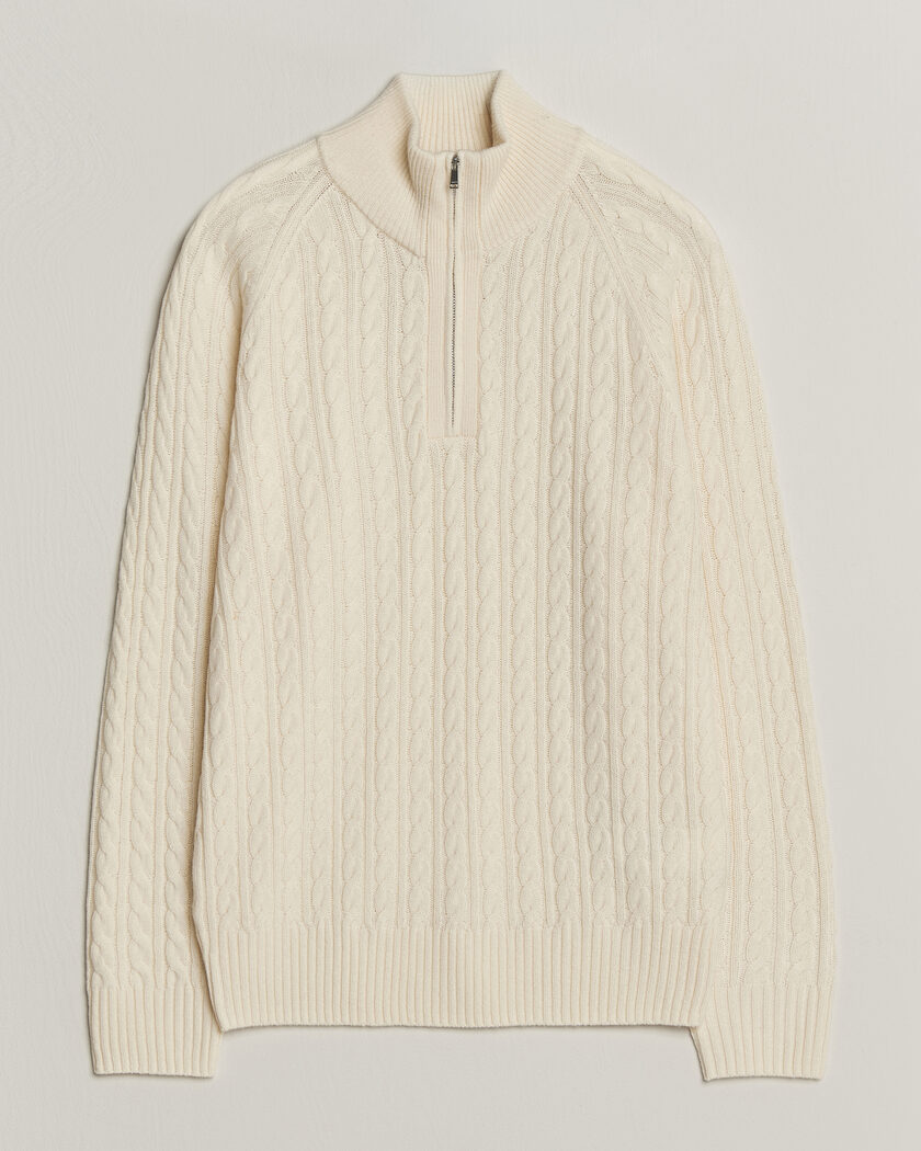 BOSS BLACK Furore Wool/Cashmere Cable Half Zip Open White – Valkoinen