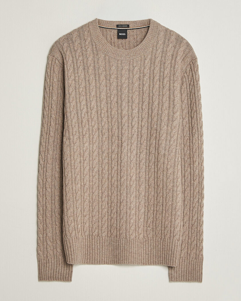 BOSS BLACK Furlan Wool/Cashmere Cable Crew Neck Open Brown – Ruskea