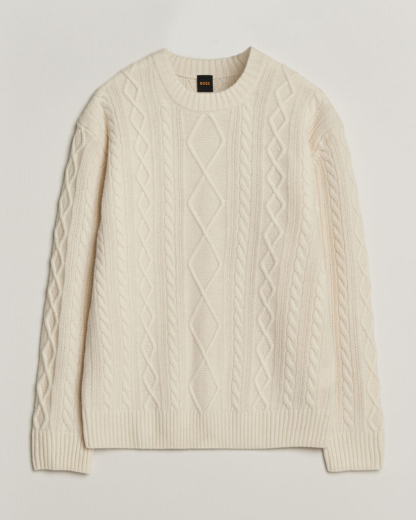 BOSS ORANGE Atreccio Wool Structured Knitted Sweater Open White – Valkoinen