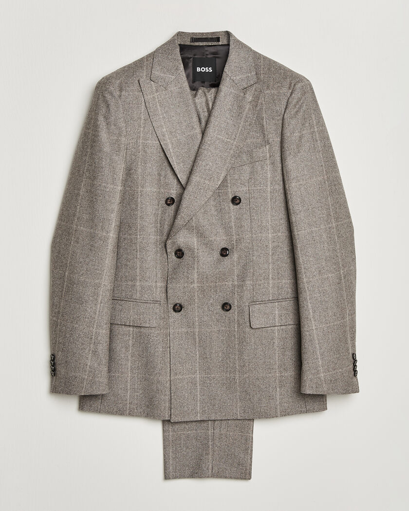 BOSS BLACK Huge Wool Checked Double Breasted Suit Open Brown – Ruskea