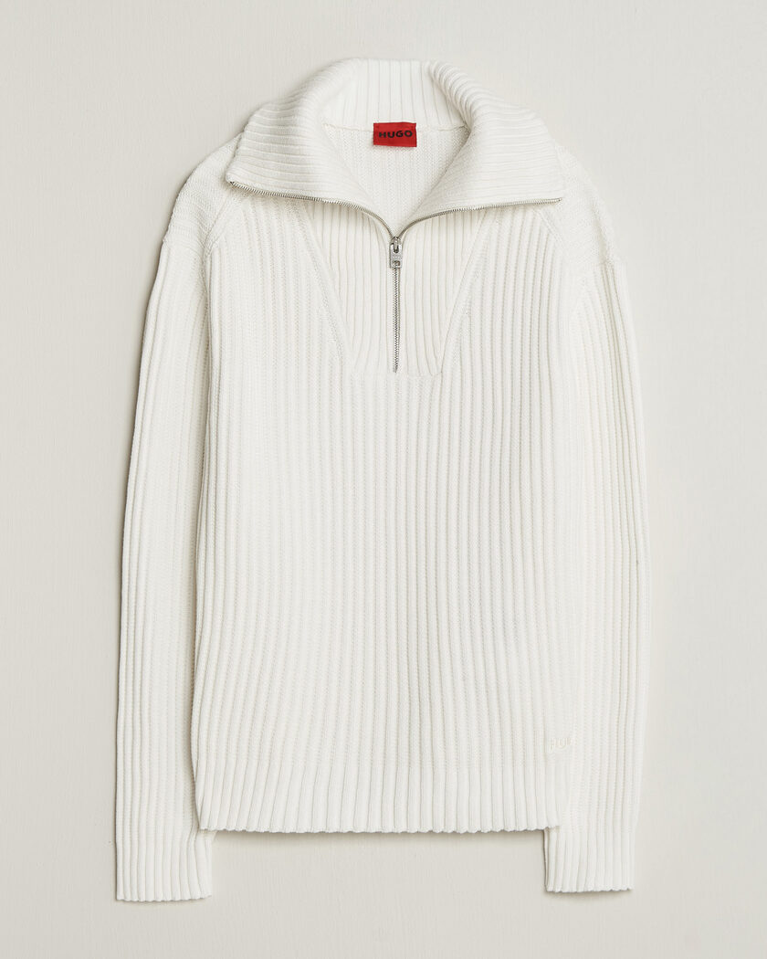 HUGO Srtithon Cotton Knitted Half Zip Natural – Valkoinen