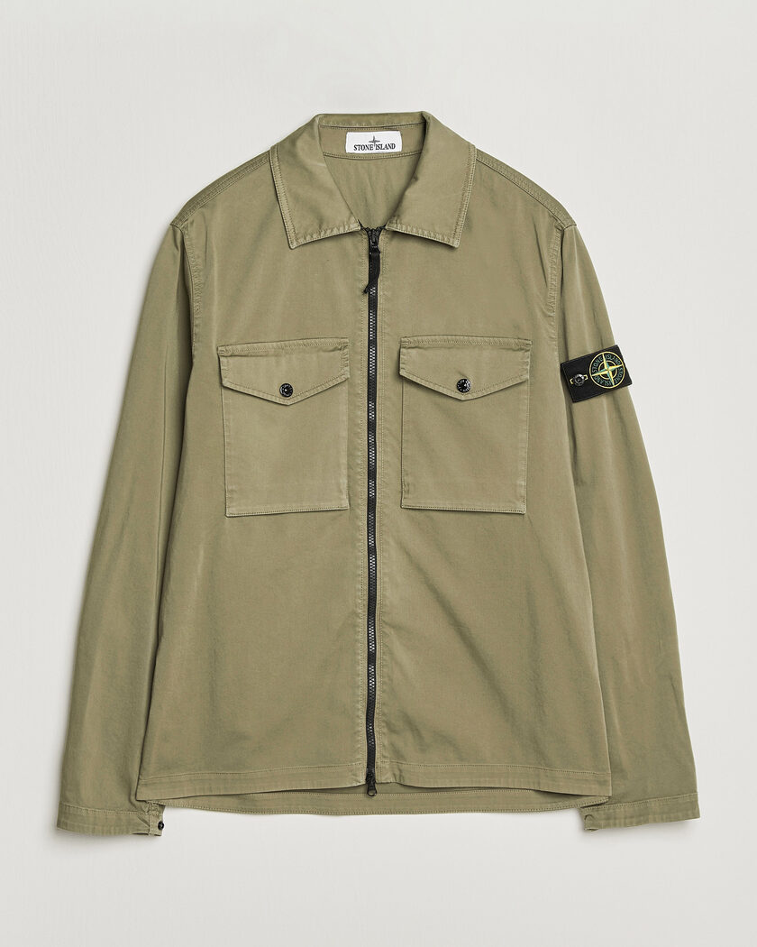 Stone Island Organic Cotton Satin Stretch Zip Overshirt Miltary Green – Vihreä