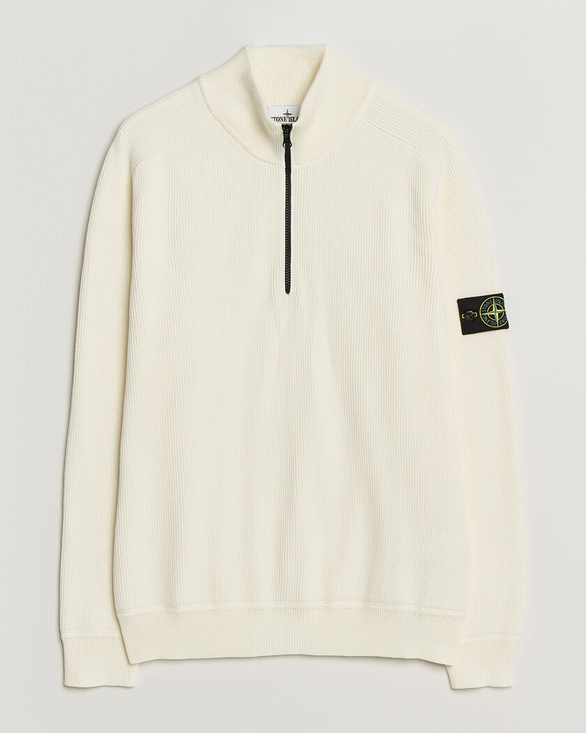 Stone Island Ribbed Soft Organic Cotton Half-Zip Ivory – Valkoinen