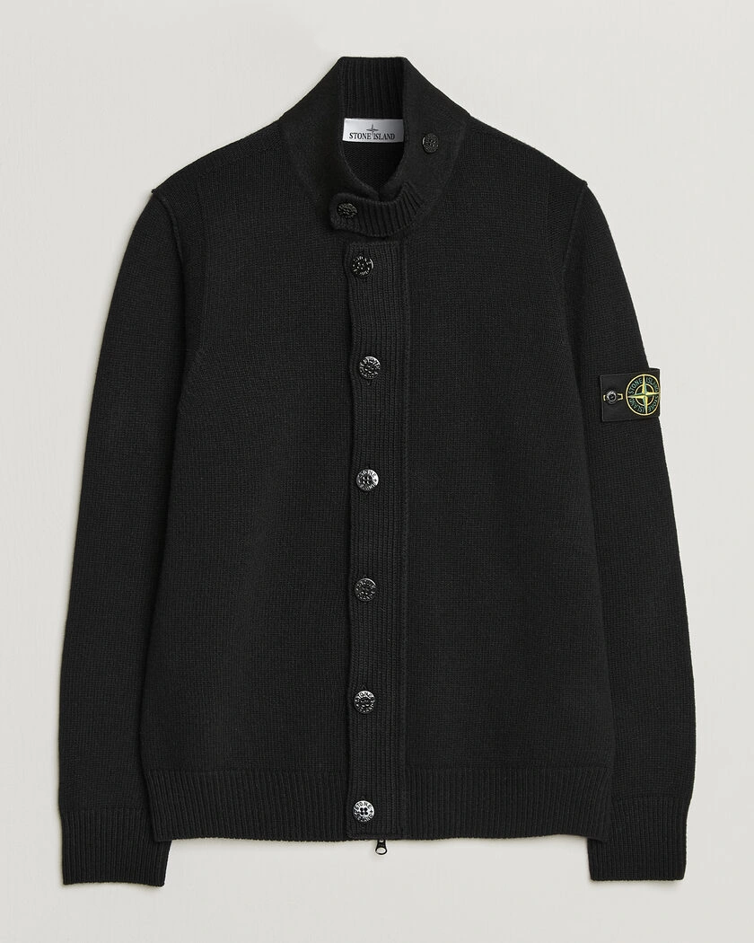 Stone Island Knitted Lambswool Zip Button Cardigan Black – Musta