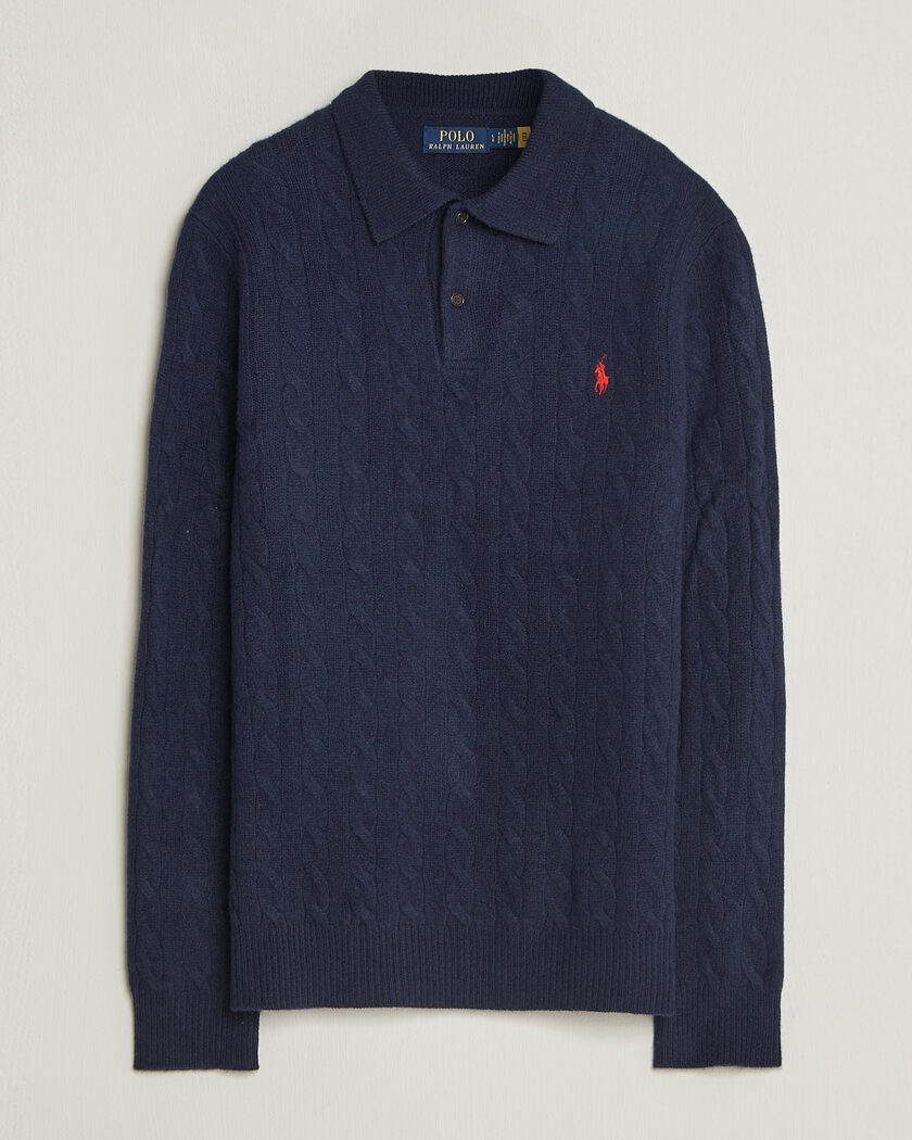 Polo Ralph Lauren Wool/Cashmere Cable Knit Polo Hunter Navy – Sininen