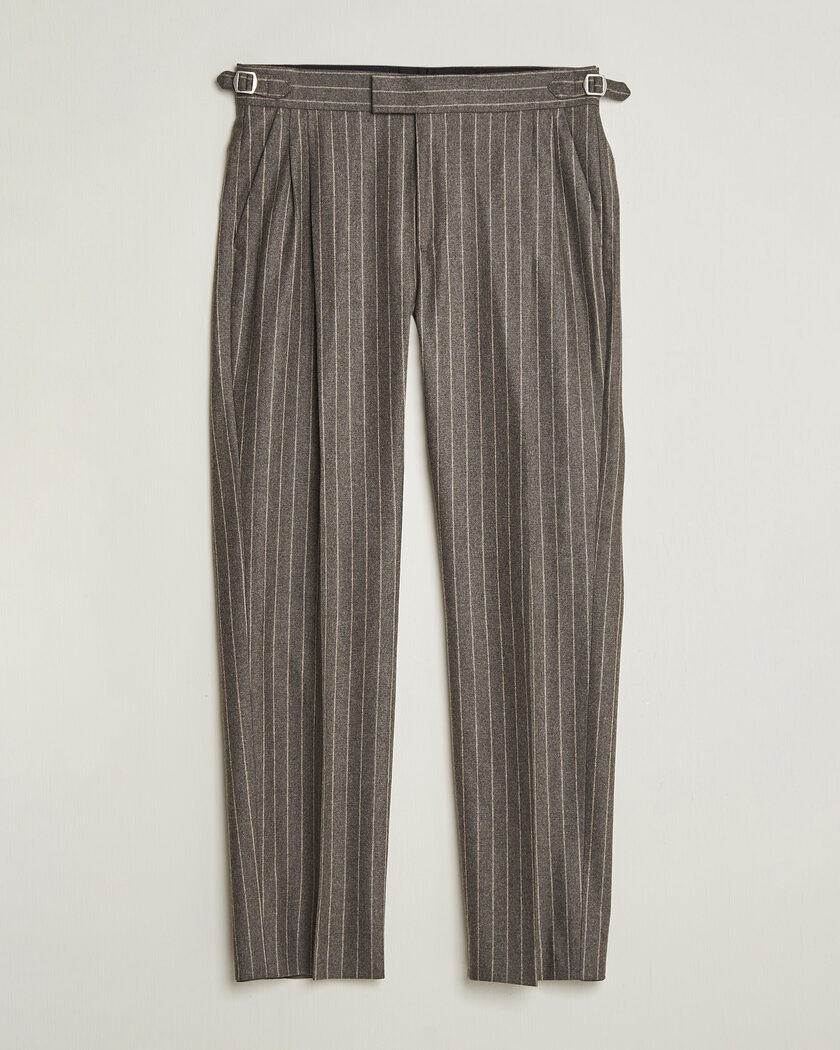 Tiger of Sweden Theo Wool Pleated Pinstriped Trousers Grey Brown – Ruskea