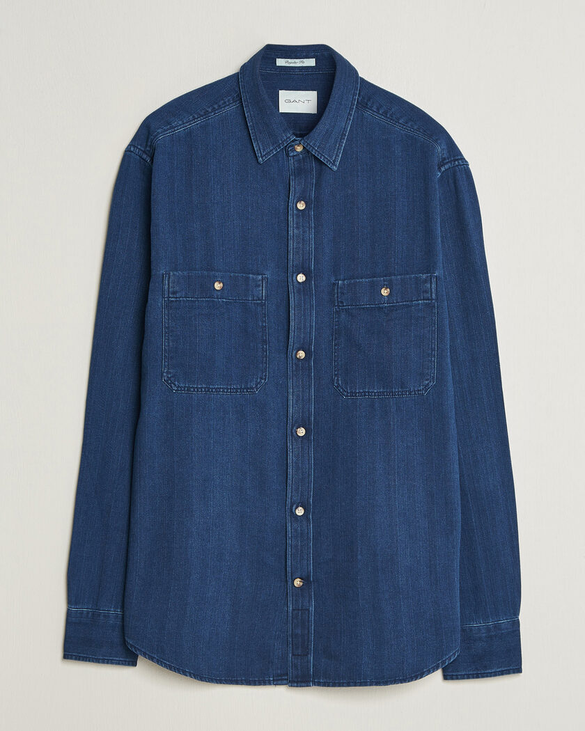Gant Regular Fit Indigo Herringbone Overshirt Mid Blue – Sininen