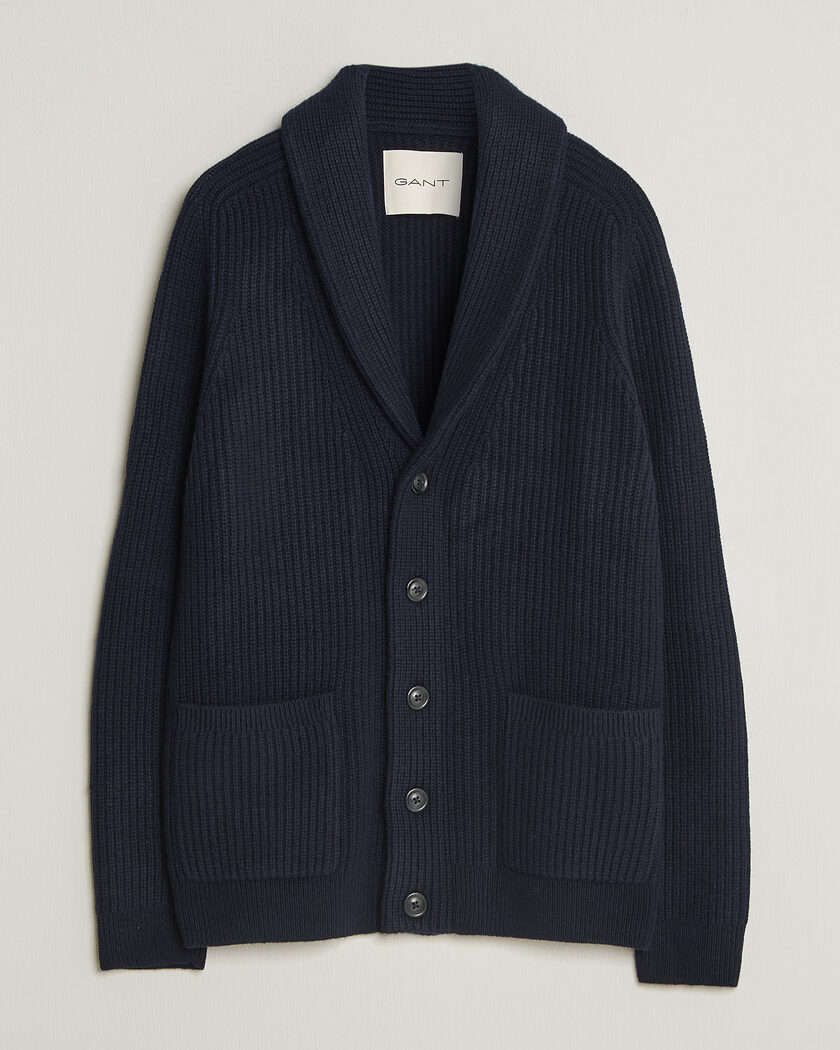 Gant Wool/Cotton Ribbed Shawl Collar Cardigan Evening Blue – Sininen