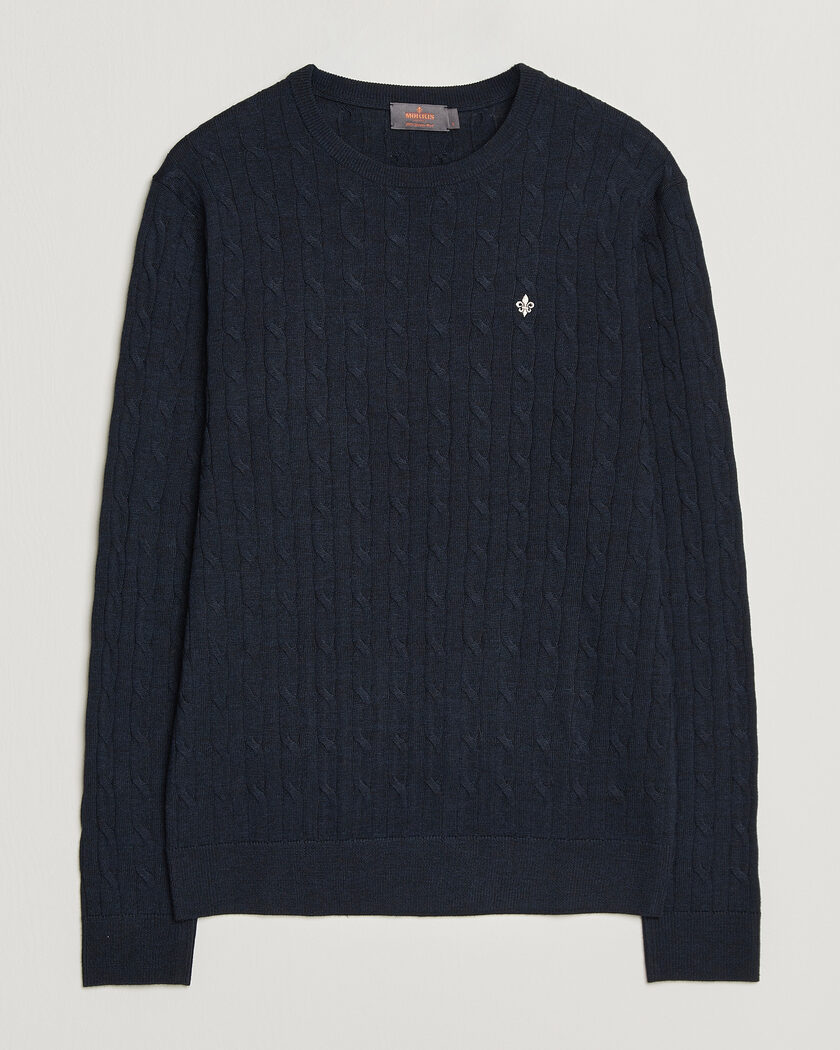 Morris Merino Cable O-Neck Navy – Sininen