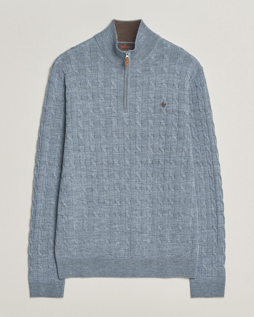 Morris Merino Cable Half Zip Light Blue – Sininen