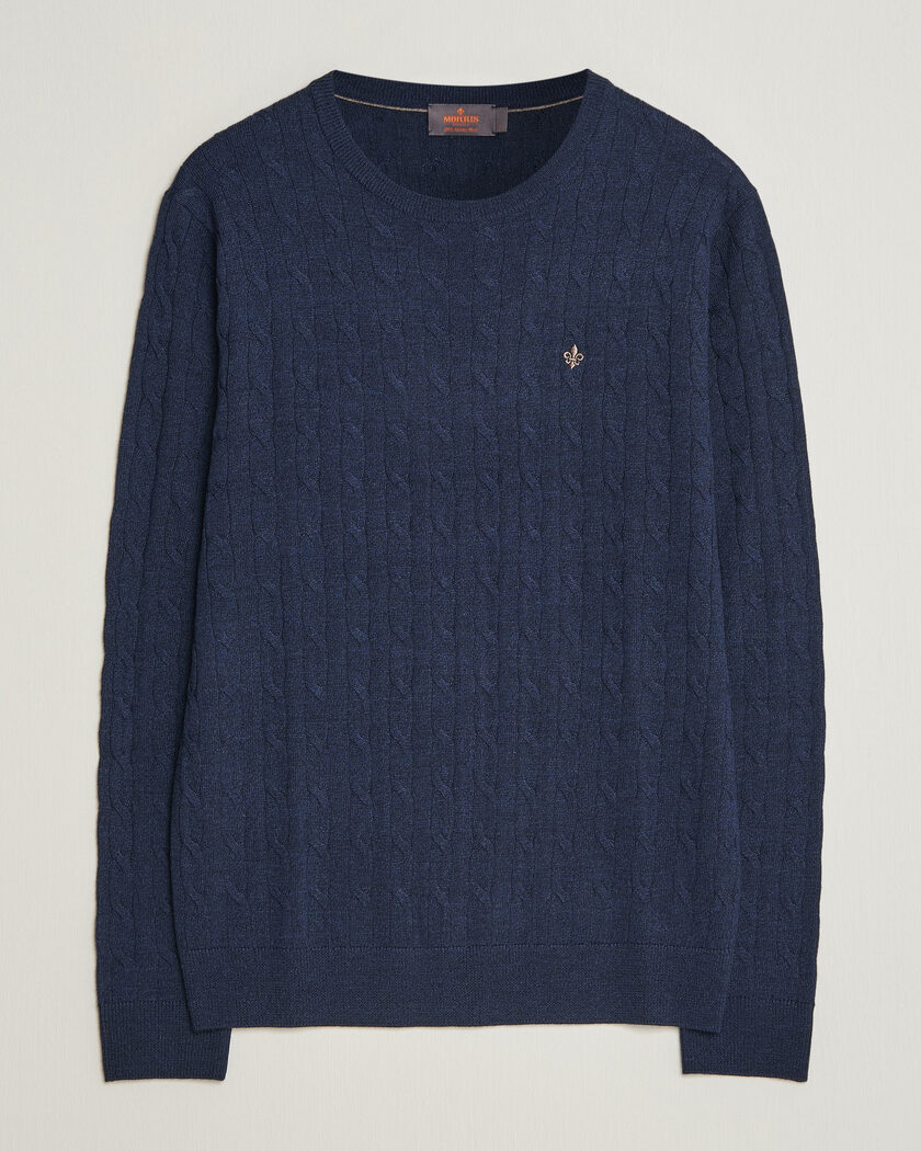 Morris Merino Cable O-Neck Navy – Sininen