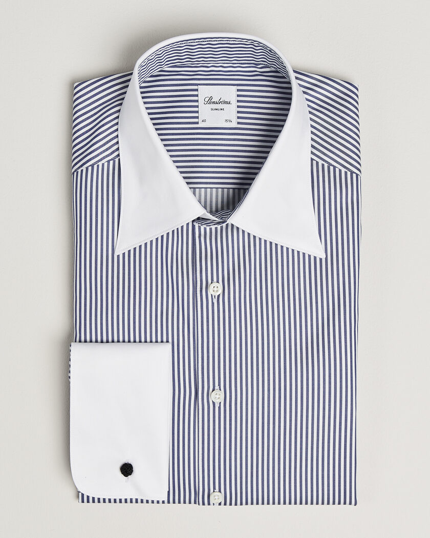 Stenströms Slimline White Collar Stripe Whinchester Shirt Blue – Sininen