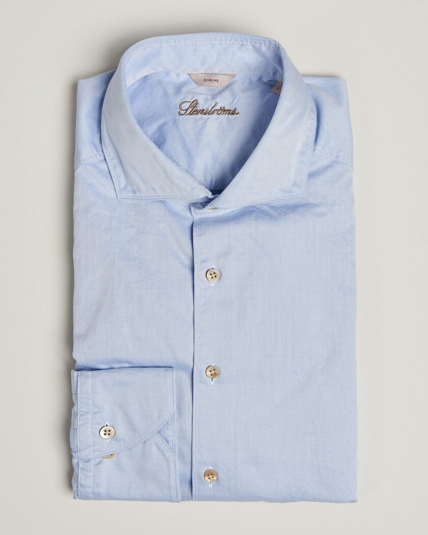 Stenströms Slimline Washed Cotton Twill Cut Away Shirt Blue – Sininen