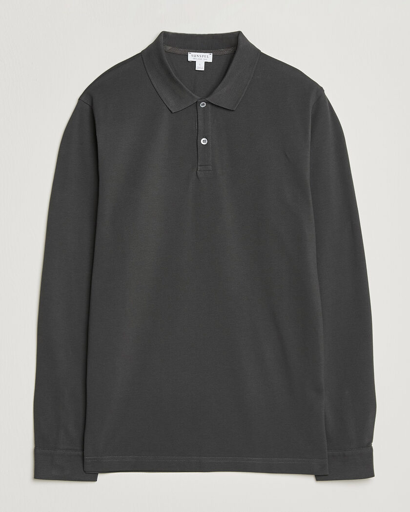 Sunspel Supima Cotton Long Sleeve Pique Polo Anthracite – Harmaa