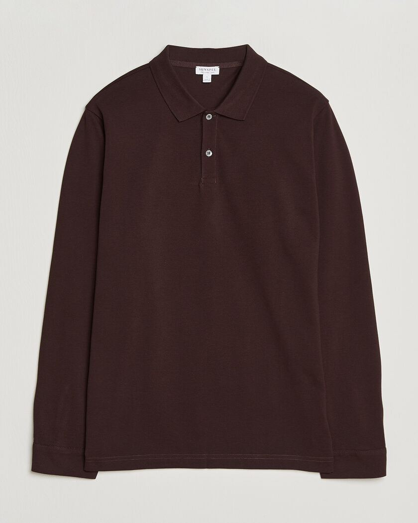 Sunspel Supima Cotton Long Sleeve Pique Polo Dark Brown – Ruskea