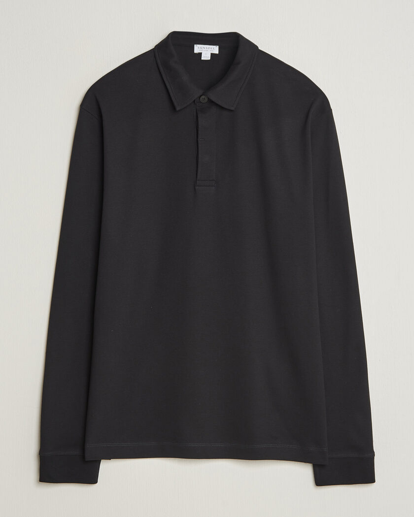 Sunspel Heavy Weight Supima Cotton Long Sleeve Polo Black – Musta