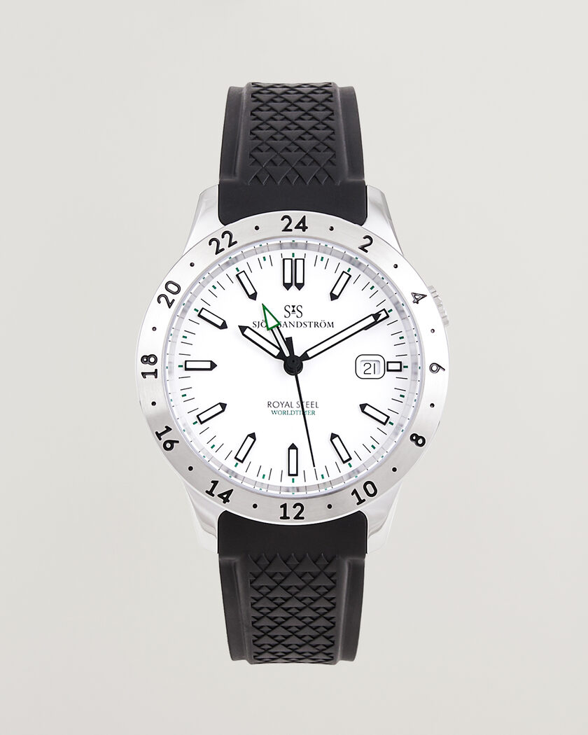 Sjöö Sandström Royal Steel Worldtimer 41mm Black Rubber White Dial – Valkoinen