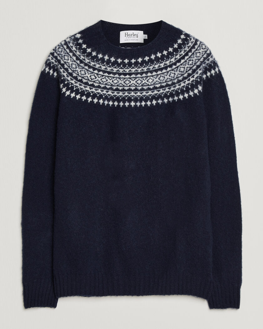 Harley Of Scotland Brushed Supersoft Lambswool Yolk Fairisle Navy/Snow White – Sininen