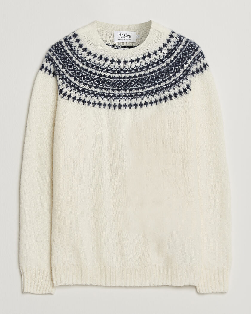 Harley Of Scotland Brushed Supersoft Lambswool Yolk Fairisle Snow White/Navy – Valkoinen