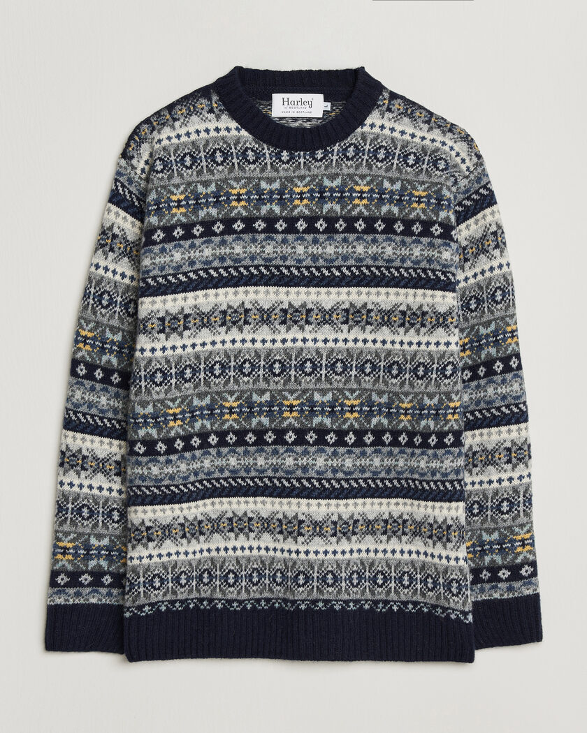Harley Of Scotland Supersoft 2ply Lambswool Fairisle Crew Navy – Sininen