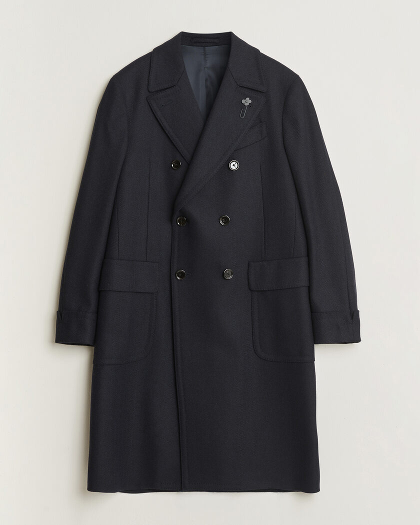 Lardini Ulster Wool/Cashmere Tonal Herringbone Coat Navy – Sininen