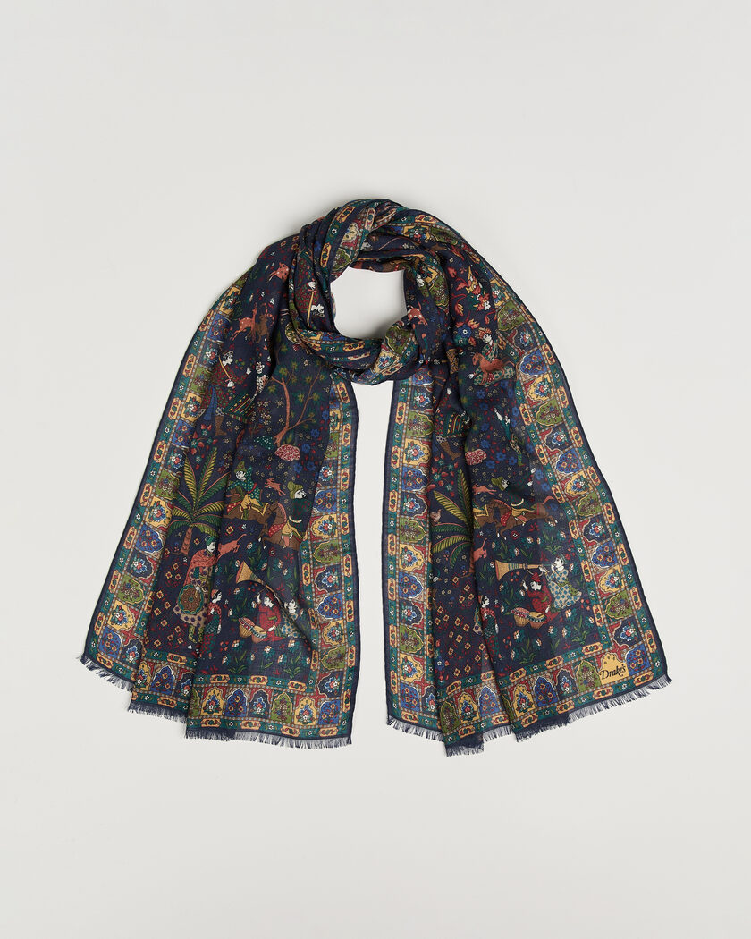 Drake's Mughal Garden Wool/Silk Scarf Navy – Sininen